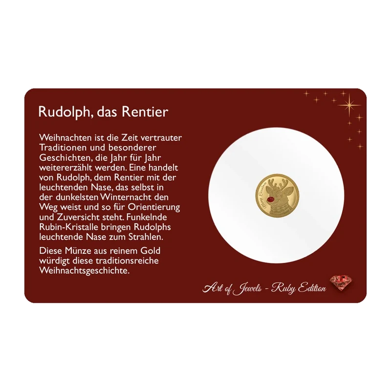 Weihnachtsgoldmünze Rudolph mit Rubinstaub