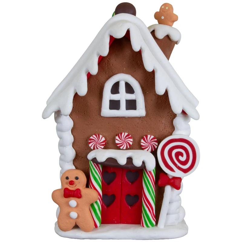 Festlich geschmücktes LED-Lebkuchenhaus 14cm mit Lolli & Lebkuchenmann
