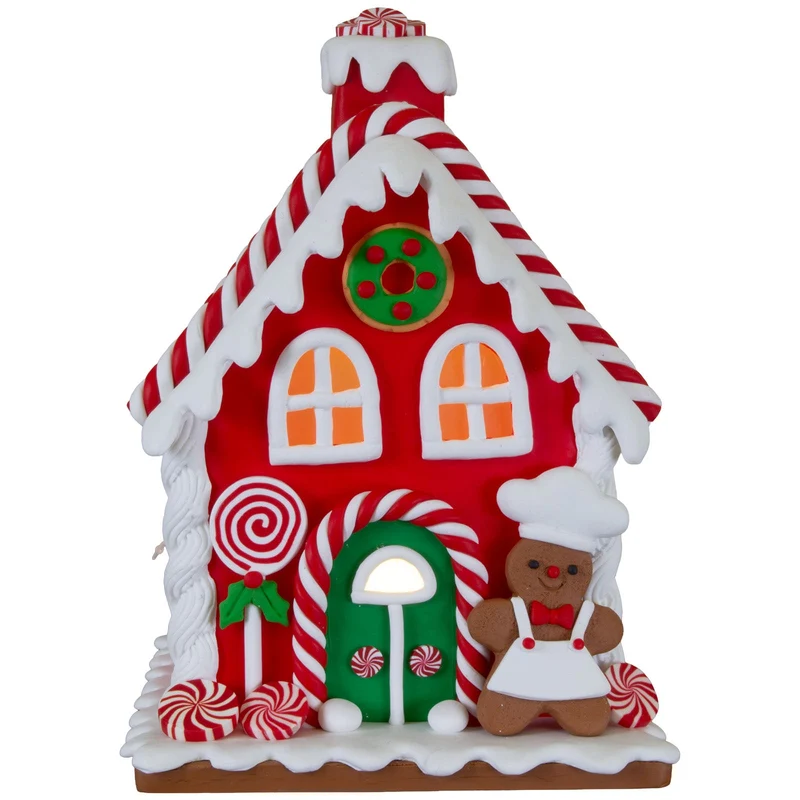 Rotes LED-Lebkuchenhaus 17cm – Zuckerstangen, Lolli & Lebkuchenmann