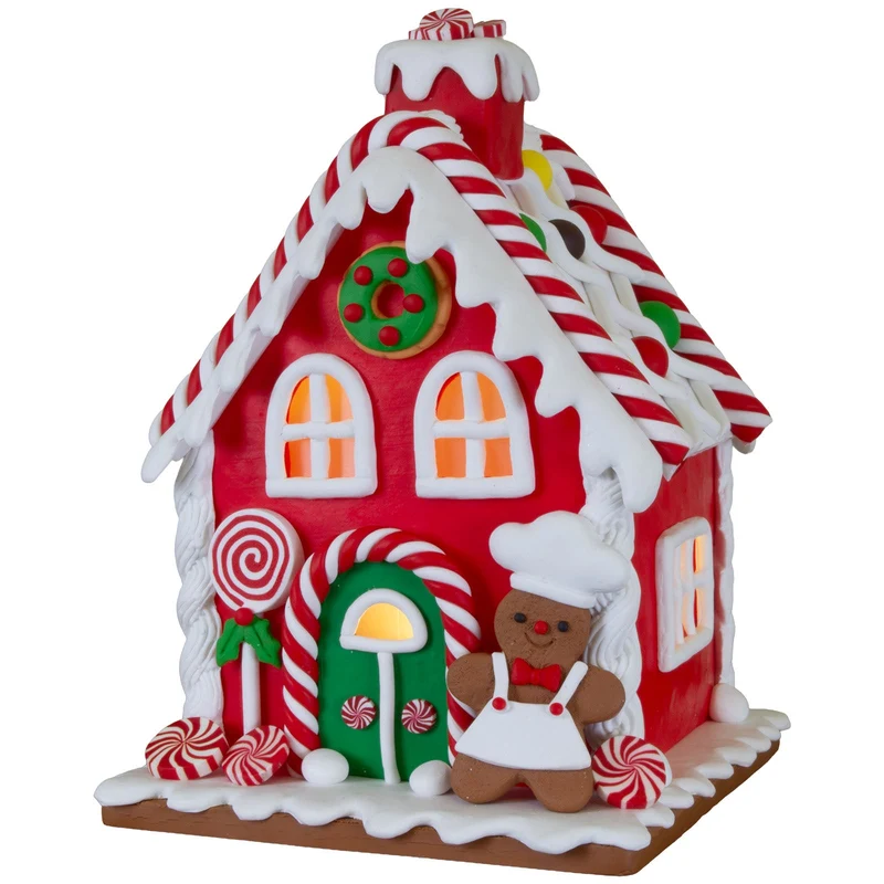 Rotes LED-Lebkuchenhaus 17cm – Zuckerstangen, Lolli & Lebkuchenmann