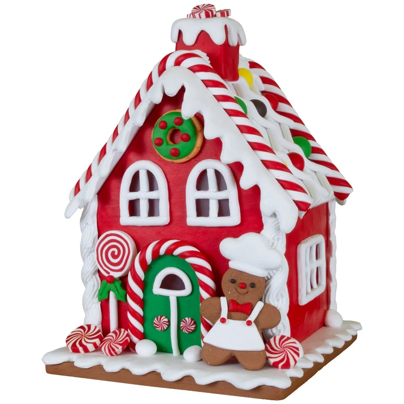 Rotes LED-Lebkuchenhaus 17cm – Zuckerstangen, Lolli & Lebkuchenmann