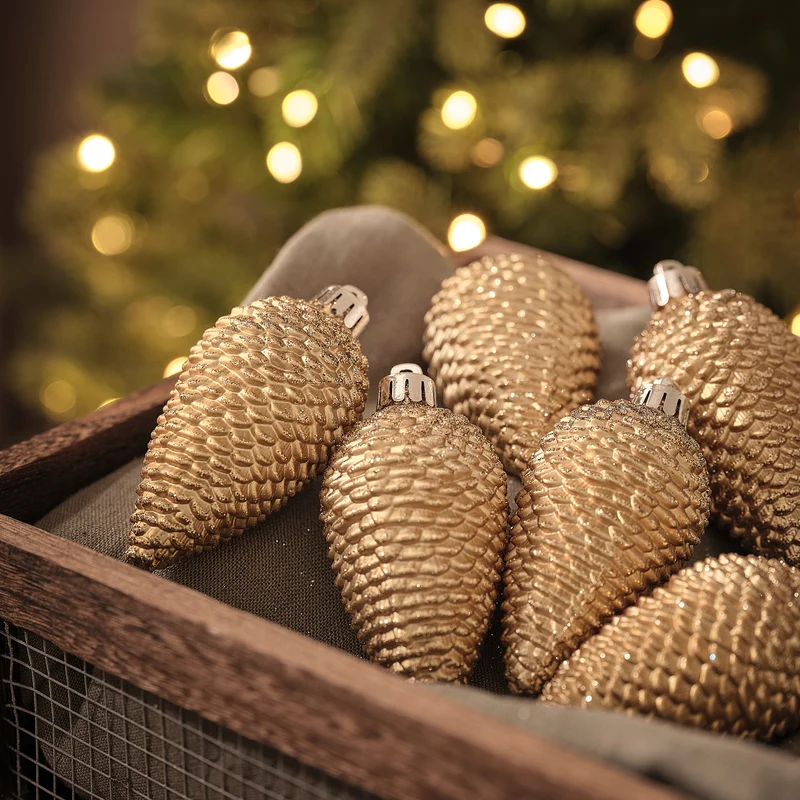 6er Set Weihnachtsbaumdeko Tannenzapfen aus Glas in Karamell