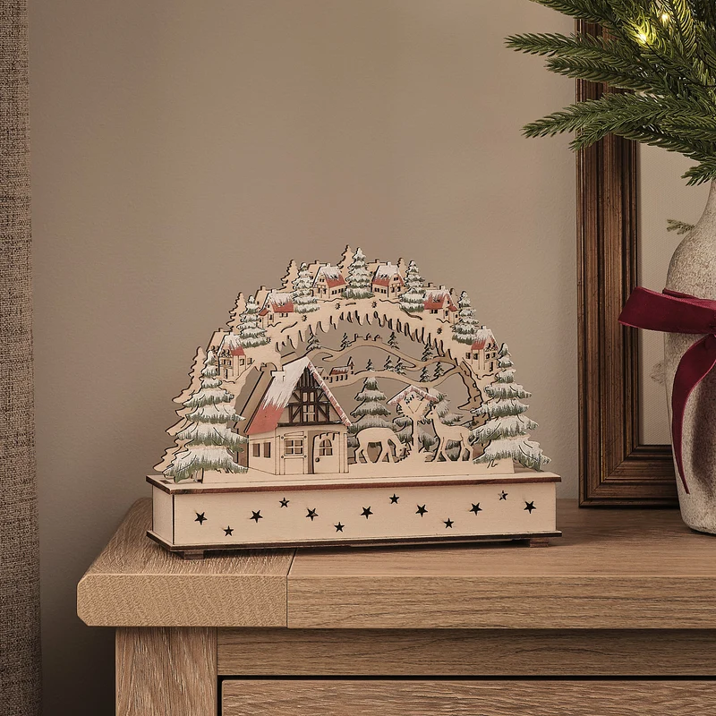 LED-Weihnachtsdorf aus Holz mit Rentieren und Timer