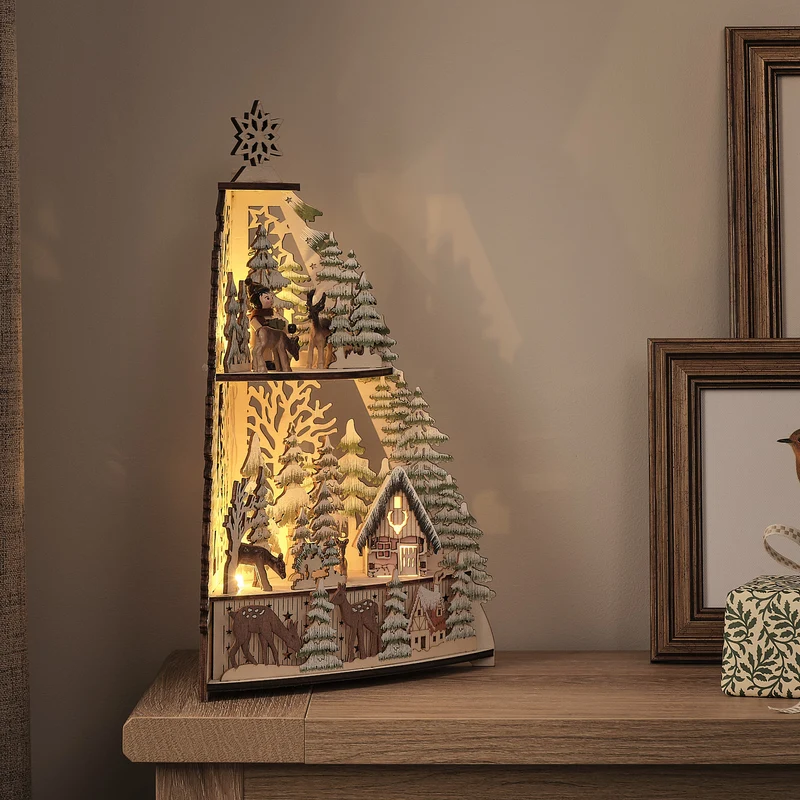 35cm LED-Winterlandschaft aus Holz mit Blockhütte und Timer