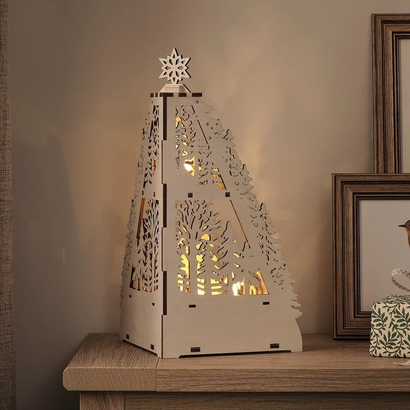 35cm LED-Winterlandschaft aus Holz mit Blockhütte und Timer