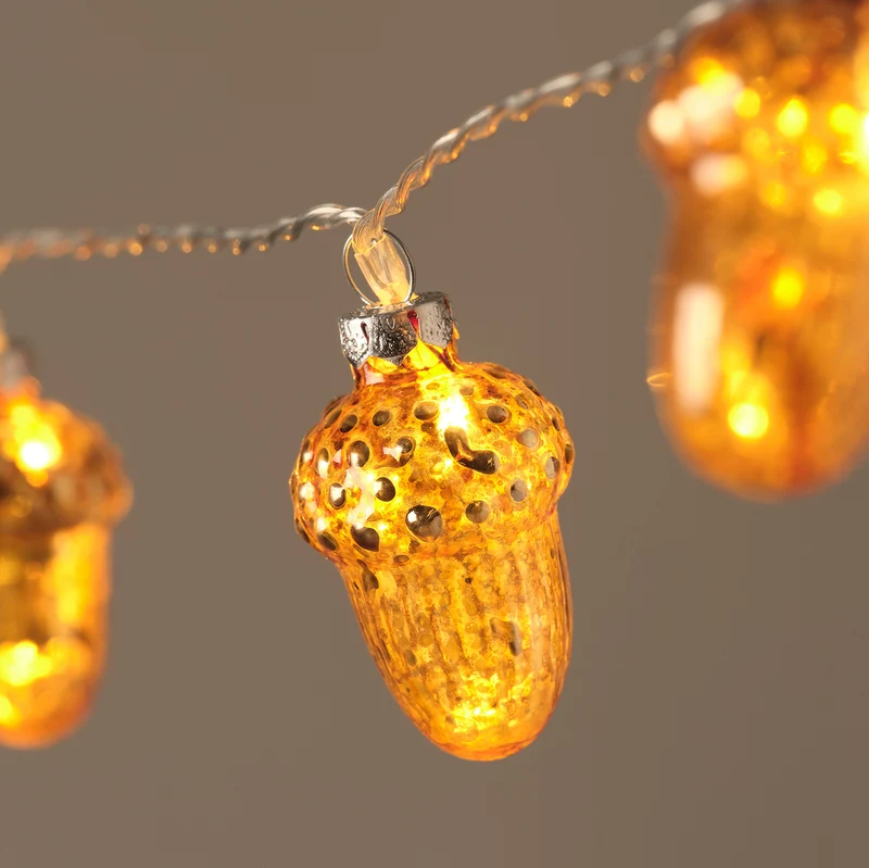 10er LED-Lichterkette mit Glas-Eicheln & Timer in Bernstein & Warmweiß