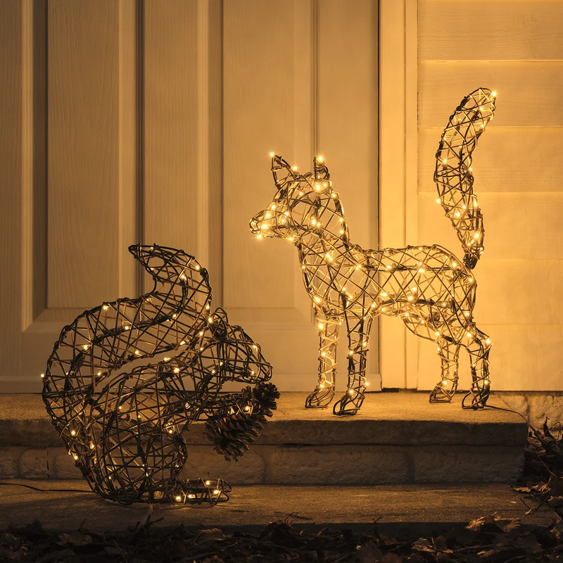 2er-Set Sherwood Rattan LED-Gartenfiguren Fuchs & Eichhörnchen mit 160 LEDs & Timer