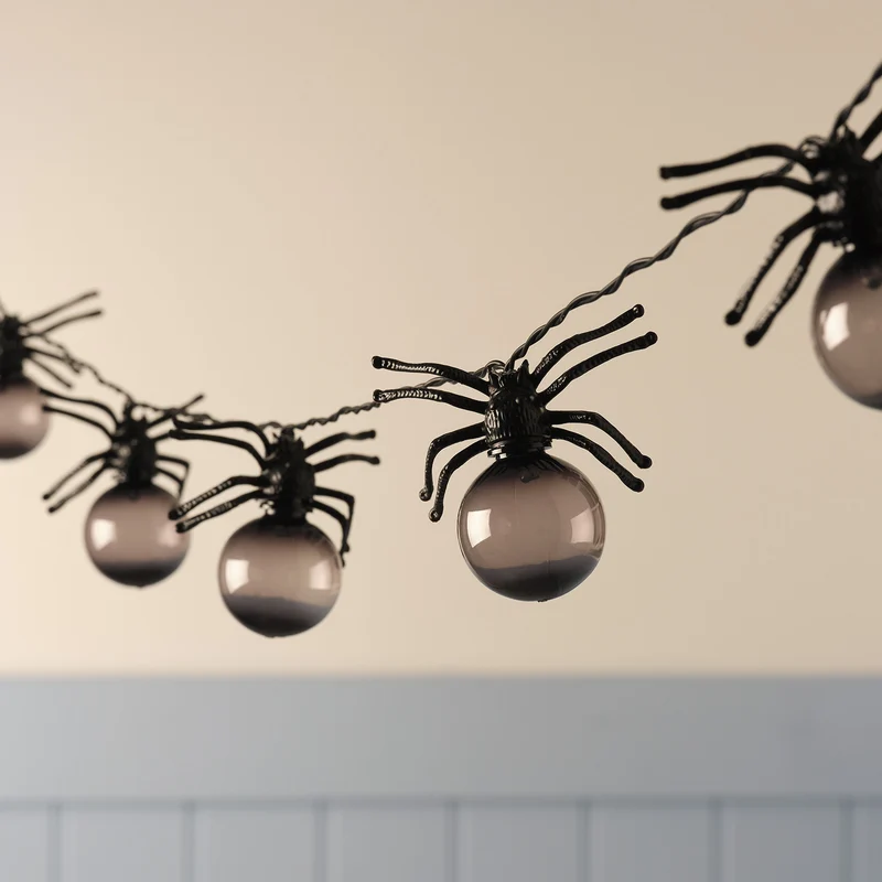 10er Spinnen lila LED-Lichterkette Halloween mit Timer