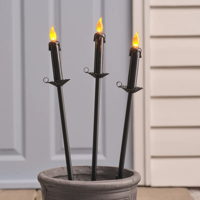 3er Set Halloween LED-Gartenstecker in Kerzenoptik mit Timer