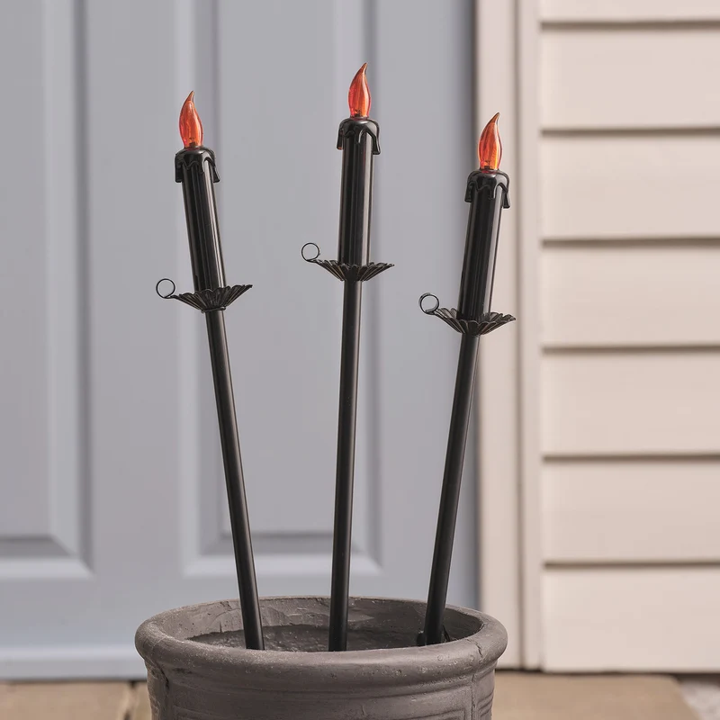 3er Set Halloween LED-Gartenstecker in Kerzenoptik mit Timer