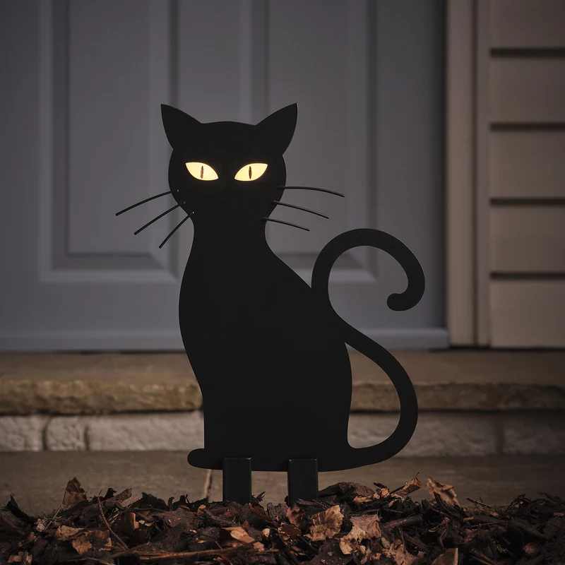 LED-Halloween-Katze Caleb mit Gartenstecker für den Außenbereich