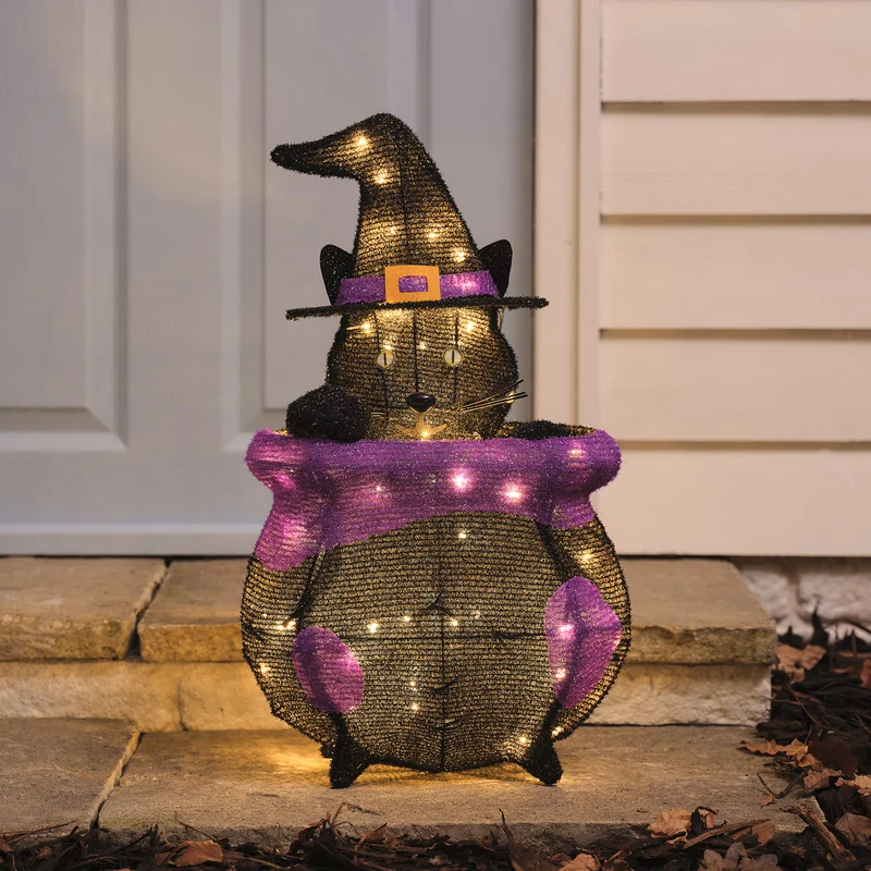 "Katze im Kessel" LED-Halloween-Figur für den Außenbereich