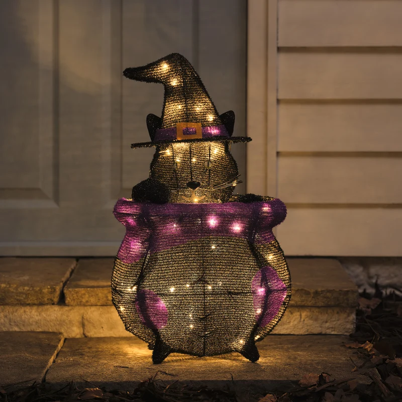 "Katze im Kessel" LED-Halloween-Figur für den Außenbereich