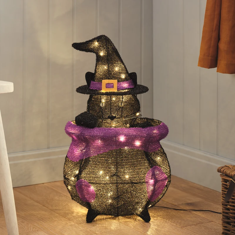 "Katze im Kessel" LED-Halloween-Figur für den Außenbereich