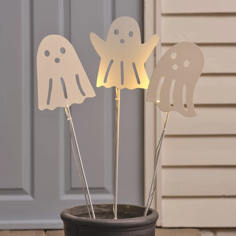 3er Set LED-Halloween-Gartenstecker Geister mit Timer