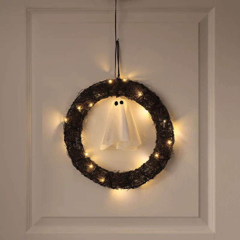 30 cm LED-Halloween-Türkranz mit Geist für den Außenbereich