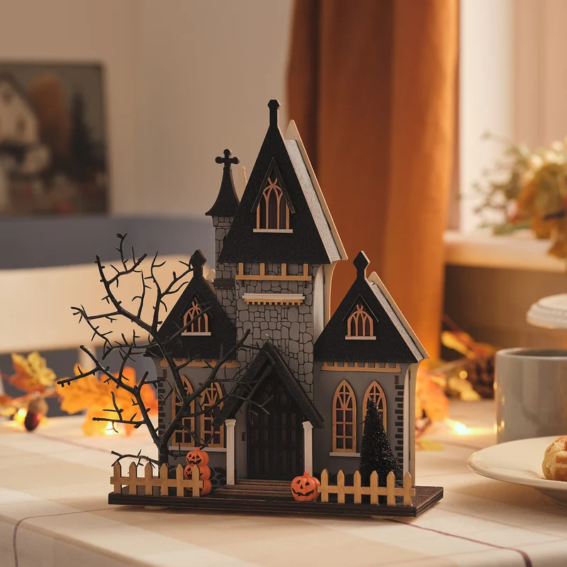 LED Halloween Haus aus Holz mit 6-Stunden-Timer