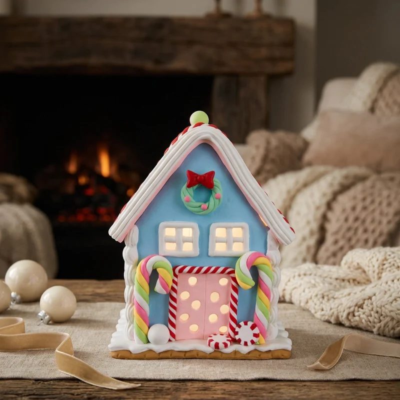 LED Lebkuchenhaus 13 cm – Pastellfarbenes Dekohaus mit Zuckerstangen
