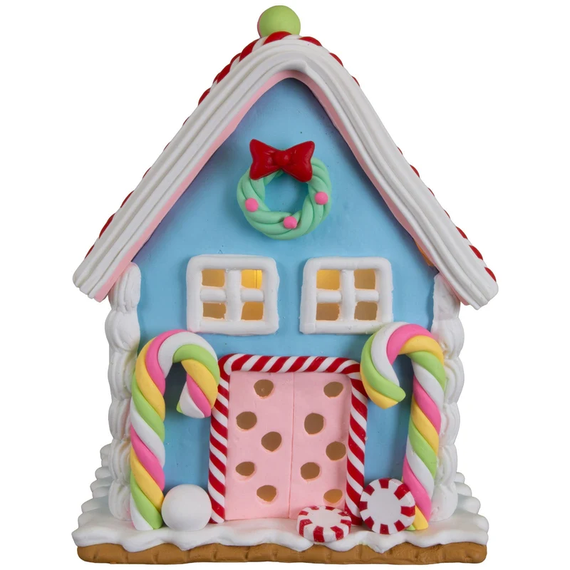 LED Lebkuchenhaus 13 cm – Pastellfarbenes Dekohaus mit Zuckerstangen