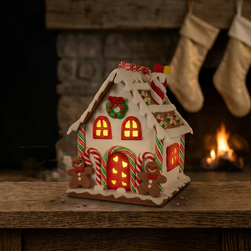 Festliches LED-Lebkuchenhaus 17cm – mit Zuckerstangen & Figuren