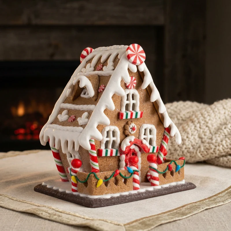 Lebkuchenhaus 14 cm – Detailreiches Dekohaus mit Zaun & Zuckerstangen