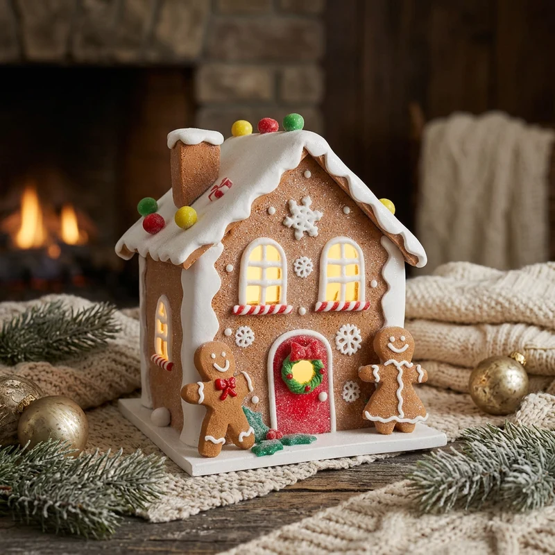 LED Lebkuchenhaus 21 cm – Leuchtendes Dekohaus mit Lebkuchenfiguren