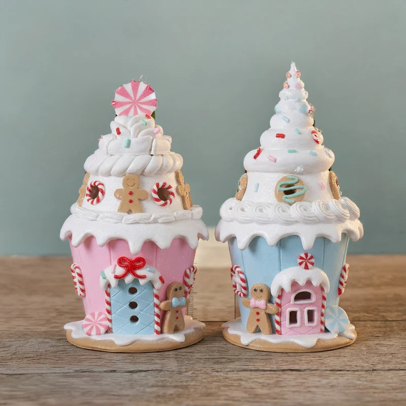 2er Set Lebkuchenhäuser im Pastellfarbenden Muffin-Design 16 cm