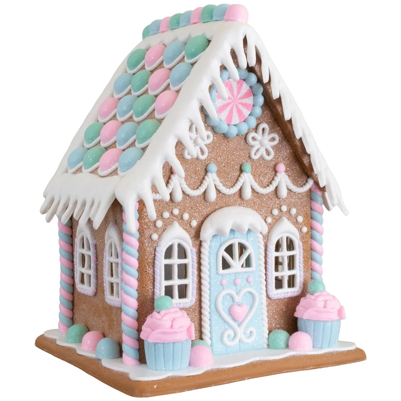 LED Lebkuchenhaus 20 cm – Pastellfarbenes Dekohaus mit Muffins, LED & Timer