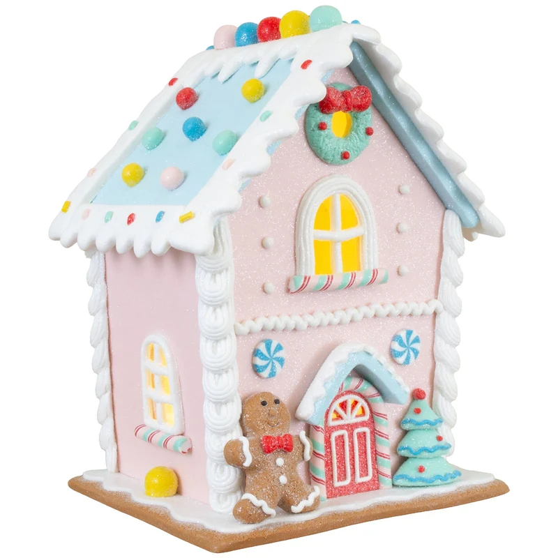 LED Lebkuchenhaus 21 cm – Pastellfarbenes Dekohaus mit Lebkuchenfigur