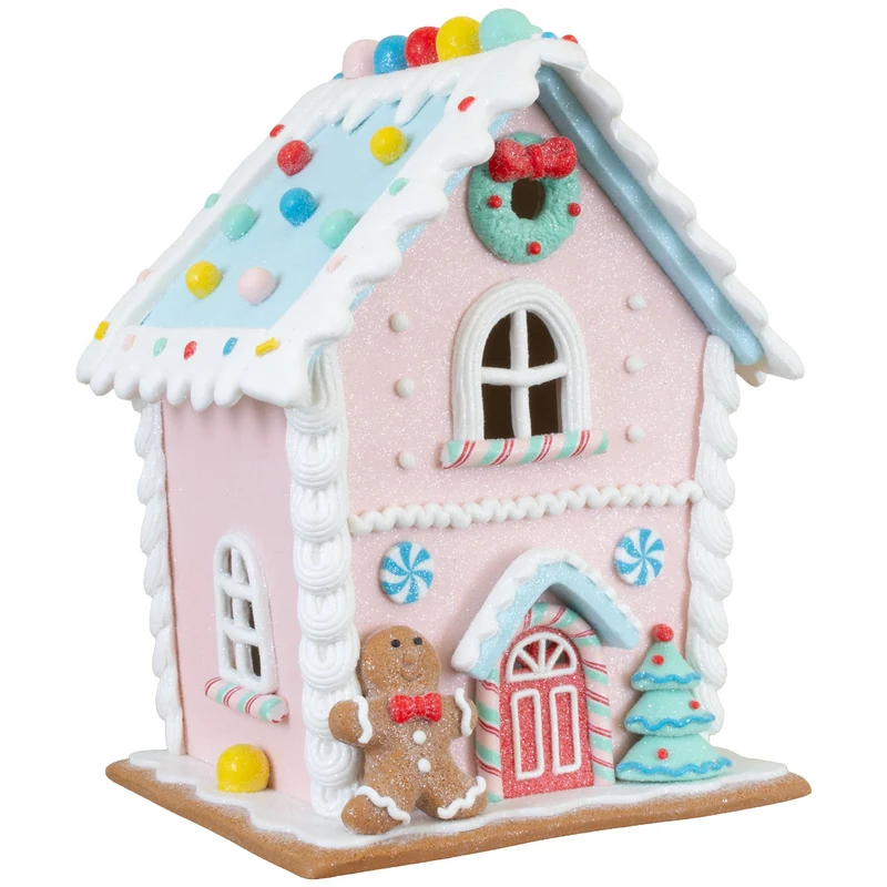 LED Lebkuchenhaus 21 cm – Pastellfarbenes Dekohaus mit Lebkuchenfigur