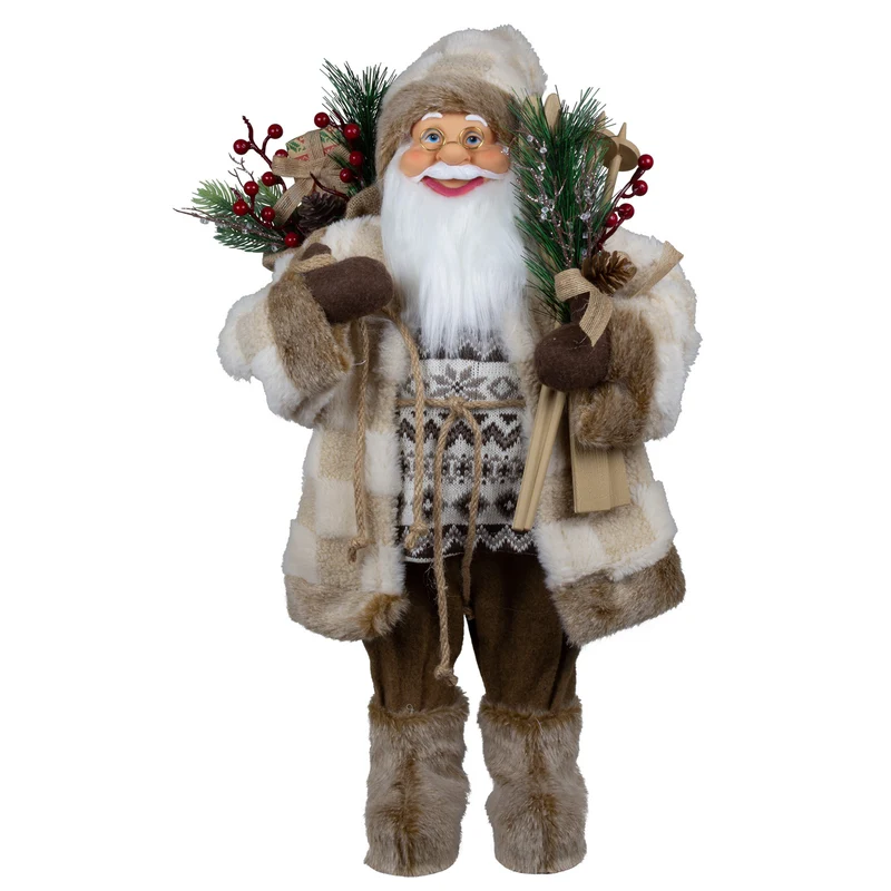 Weihnachtsmann im Winter-Look mit Ski und Beerenzweigen – 60 cm