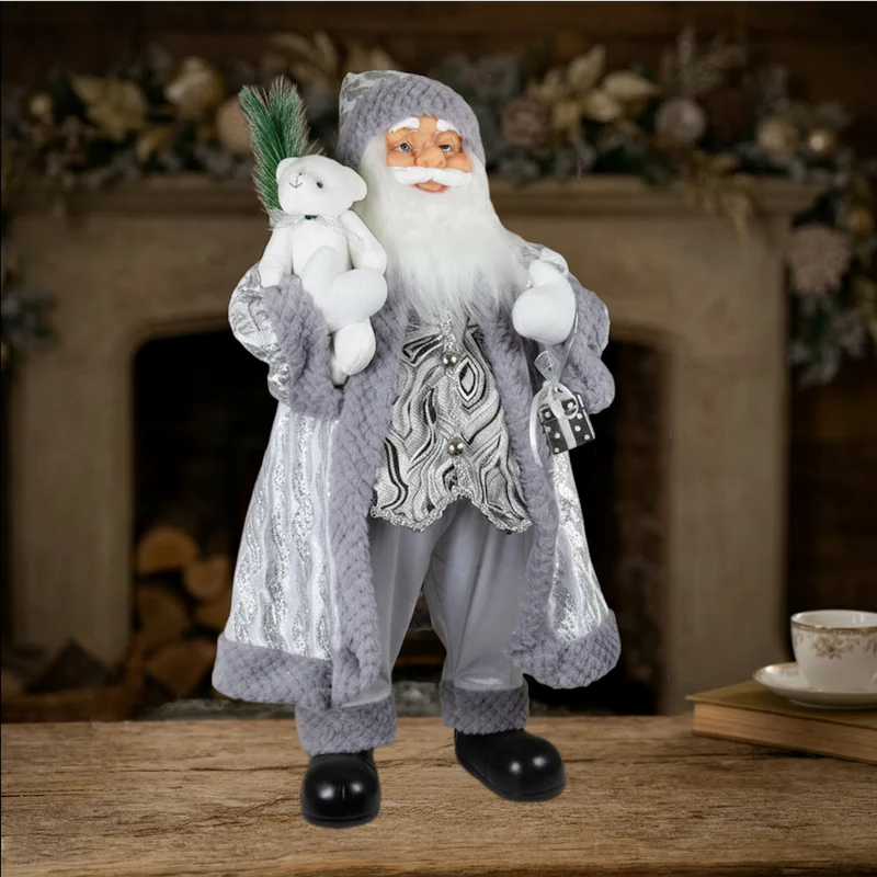 Weihnachtsmann Figur 80 cm – Stehender Santa in Silber mit Geschenk