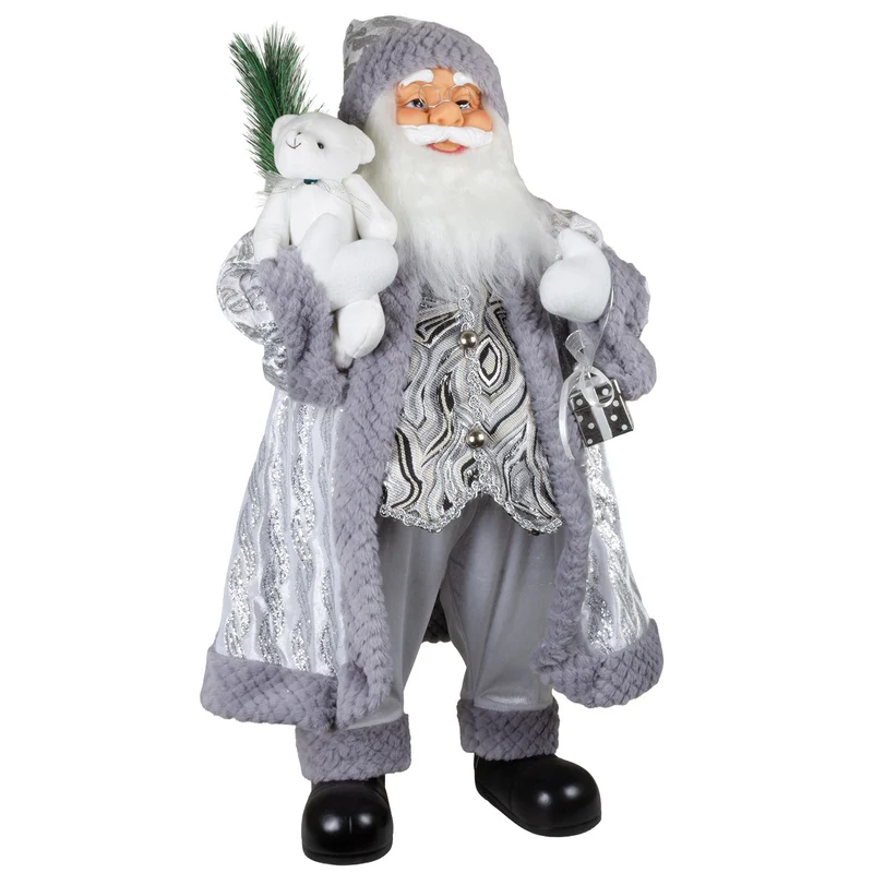 Weihnachtsmann Figur 80 cm – Stehender Santa in Silber mit Geschenk
