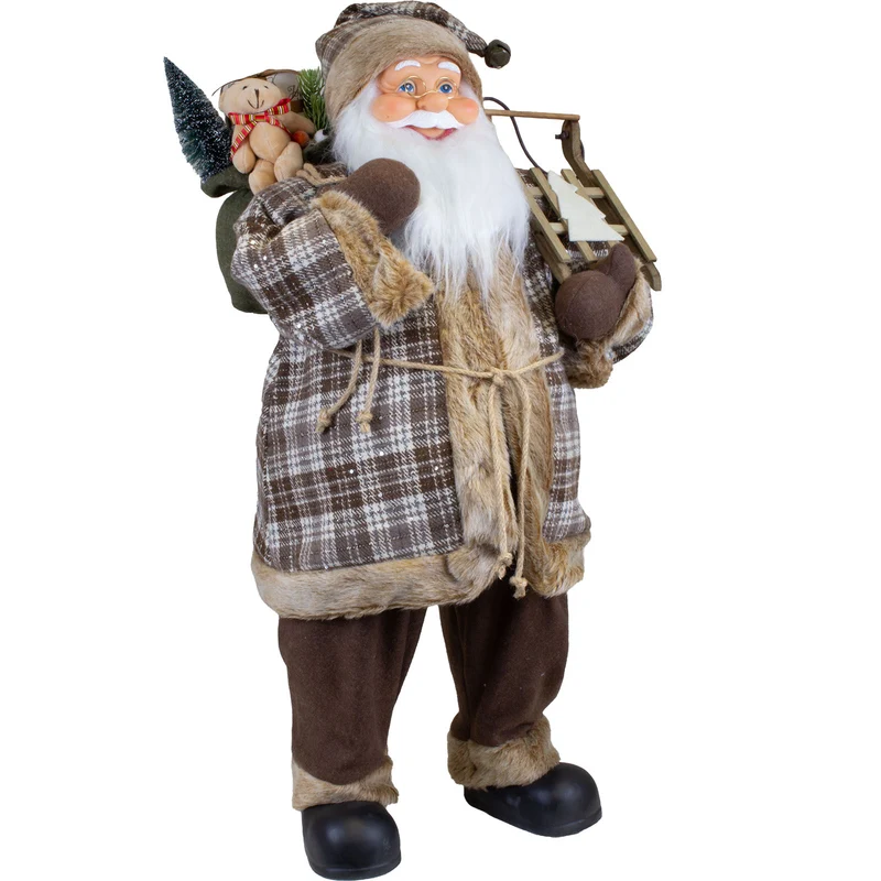 Weihnachtsmann 80 cm mit Holzschlitten Tannenbaum und Geschenkesack