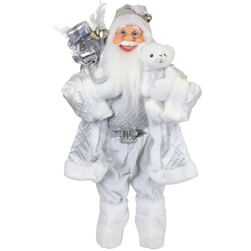 Weihnachtsmann Elegant 60 cm Weiß Silber mit Plüschbär & Geschenkesack