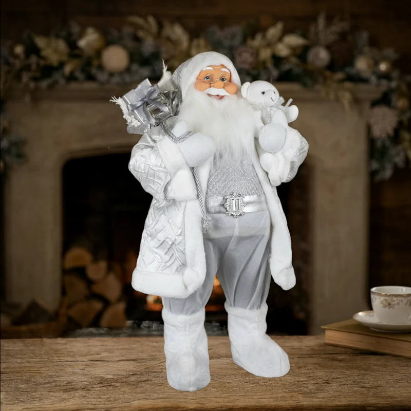 Weihnachtsmann 80 cm Weiß Silber mit Geschenksack und Plüschfigur
