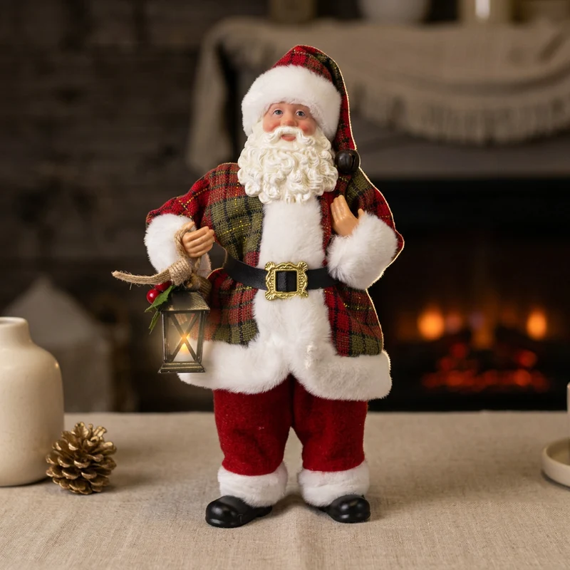 Weihnachtsmann Figur 23 cm Santa Claus stehend mit Laterne und kariertem Mantel