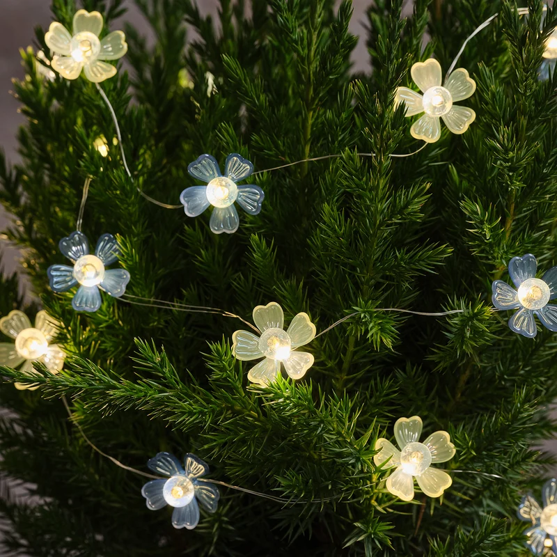 Blaue & weiße Mikro-LED-Blumenlichterkette Warmweiß mit Timer