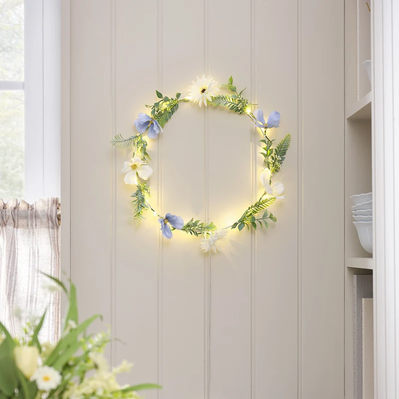 Weißer & blauer LED-Blumenkranz mit warmweißen Mikro-LEDs & Timer