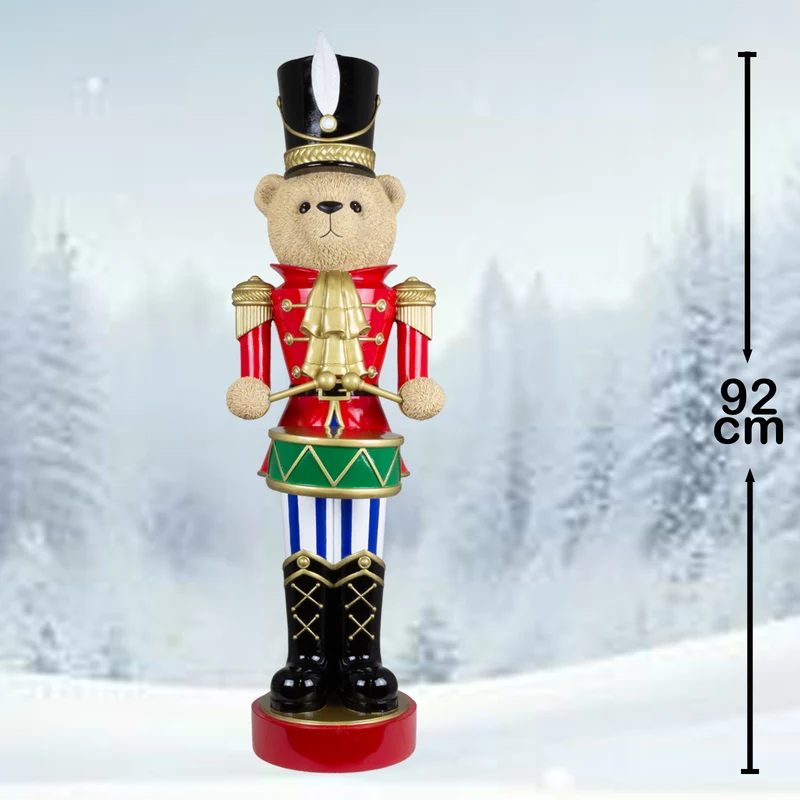 Bär mit Nussknacker-Uniform und Trommel Größe ca.92cm / Farben schwarz-rot-gold-grün