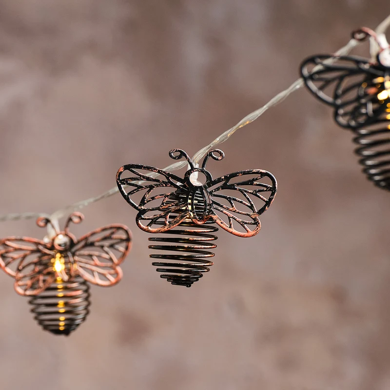 Bienen-Solar-Lichterkette mit 10 warmweißen LEDs aus Metall