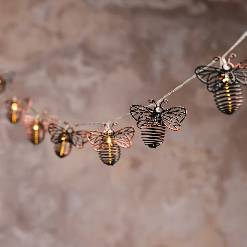Bienen-Solar-Lichterkette mit 10 warmweißen LEDs aus Metall