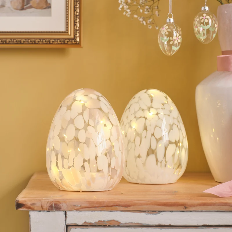2er Set LED Ostereier aus Glas mit Konfetti‑Effekt & Timer in Rosa/Weiß