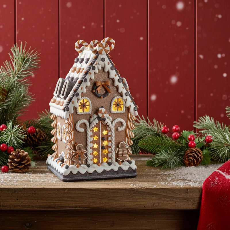 LED Lebkuchenhaus 38cm braun und weiß