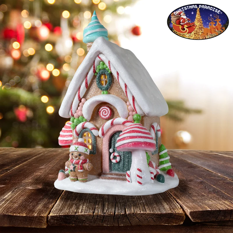 LED Lebkuchenhaus 30cm braun-weiß-rosa