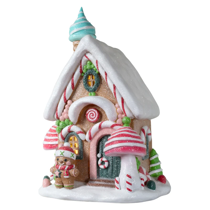 LED Lebkuchenhaus 30cm braun-weiß-rosa