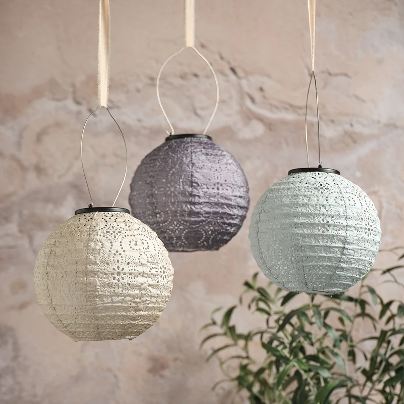 3er Set Scandi Tyvek Solar-Lampions in Flieder, Blau & Cremeweiß