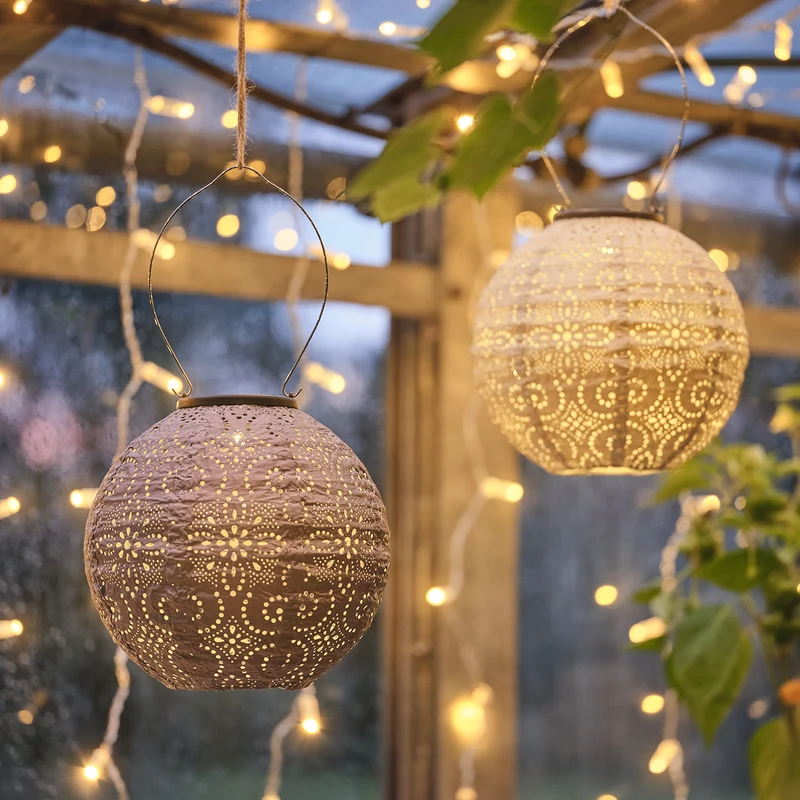 3er Set Scandi Tyvek Solar-Lampions in Flieder, Blau & Cremeweiß