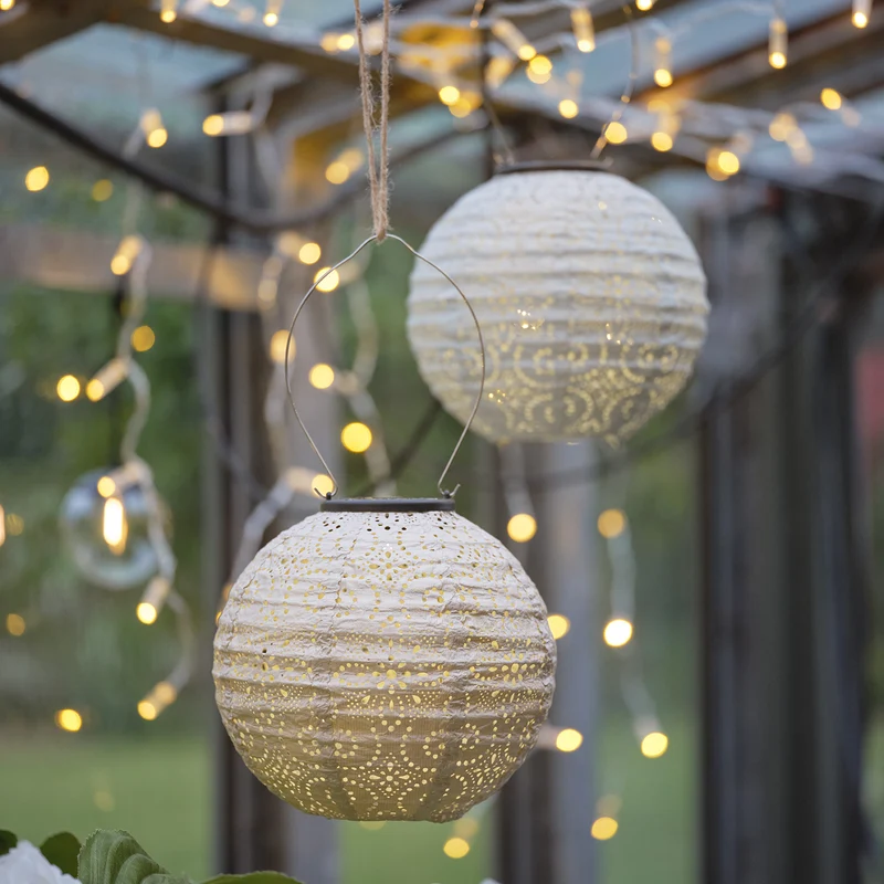 3er Set Scandi Tyvek Solar-Lampions in Flieder, Blau & Cremeweiß
