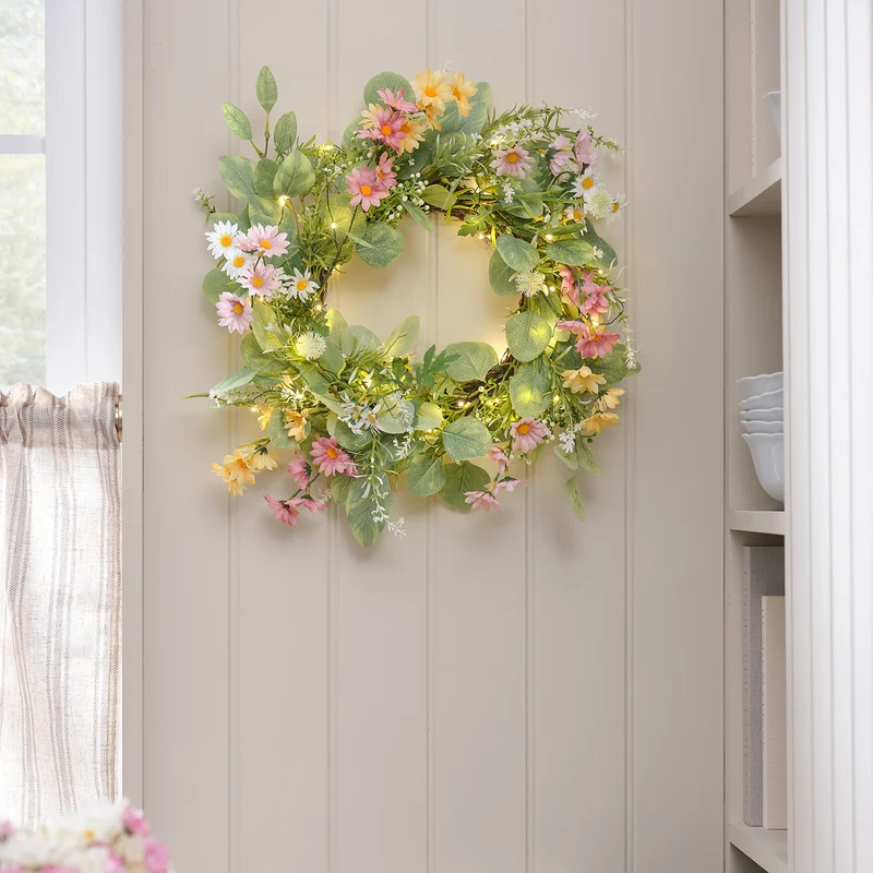 Beleuchteter 40cm LED‑Frühlingskranz mit Gänseblümchen & Timer